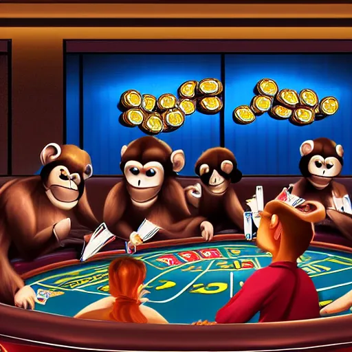 Image similar to a group of monkey's at a casino playing poker, Hyper Realism, realistic, cinematic lighting, ambient lights,