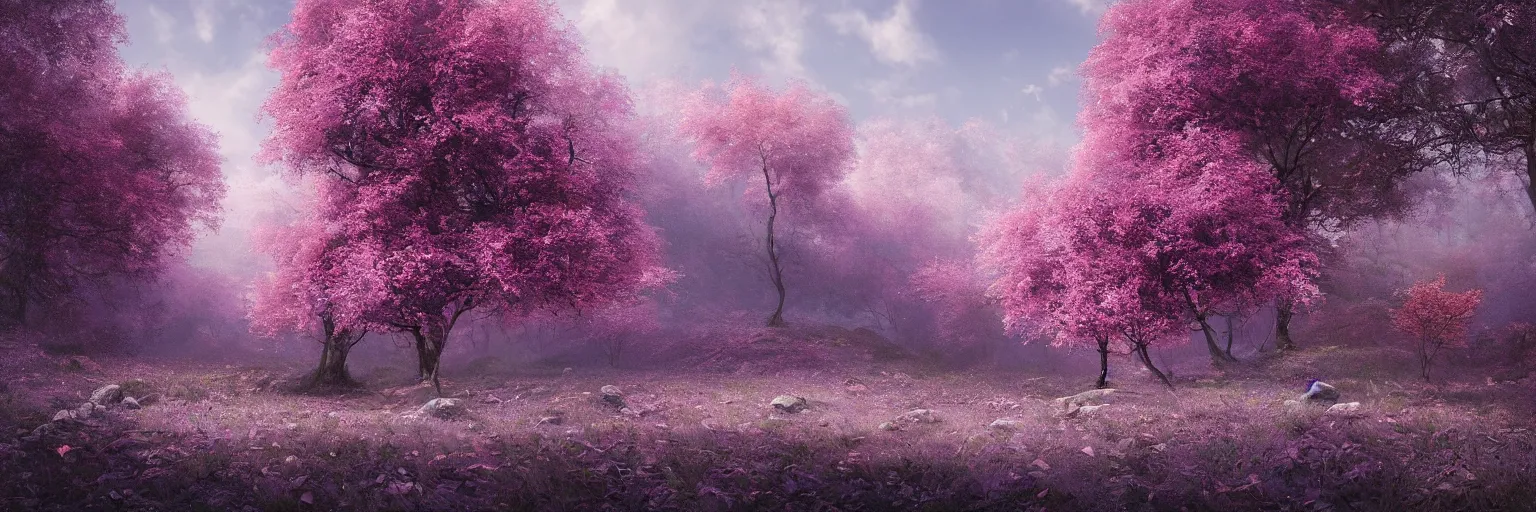 Prompt: michal karcz painting of a beautiful landscape. , purple trees, detailed, elegant, intricate, 4k,