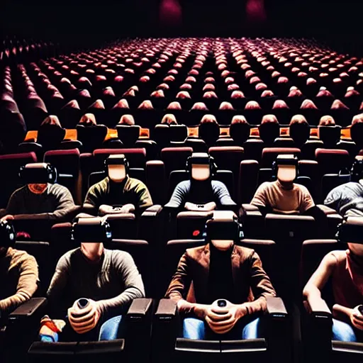 Image similar to people in a busy very dark movie theatre, all of they are wearing vr headsets with art direction by salvador dali, wide lens