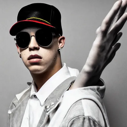 Image similar to a photo of Benito Antonio Martínez Ocasio, artistically known as Bad Bunny, is a Puerto Rican rapper, singer, songwriter and actor. His style of music is generally defined as Latin trap and reggaeton, but he has also performed other genres such as rock, kizomba, and soul