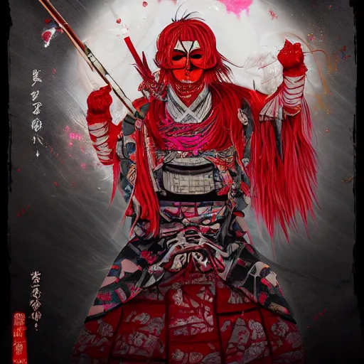 Prompt: an insane kabuki warrior wielding a spear while emitting a distorting psychedelic aura of madness, intricate hakama, red wig, crossed eyes, hazy atmosphere, high energy, trending on artstation, detailed concept art,