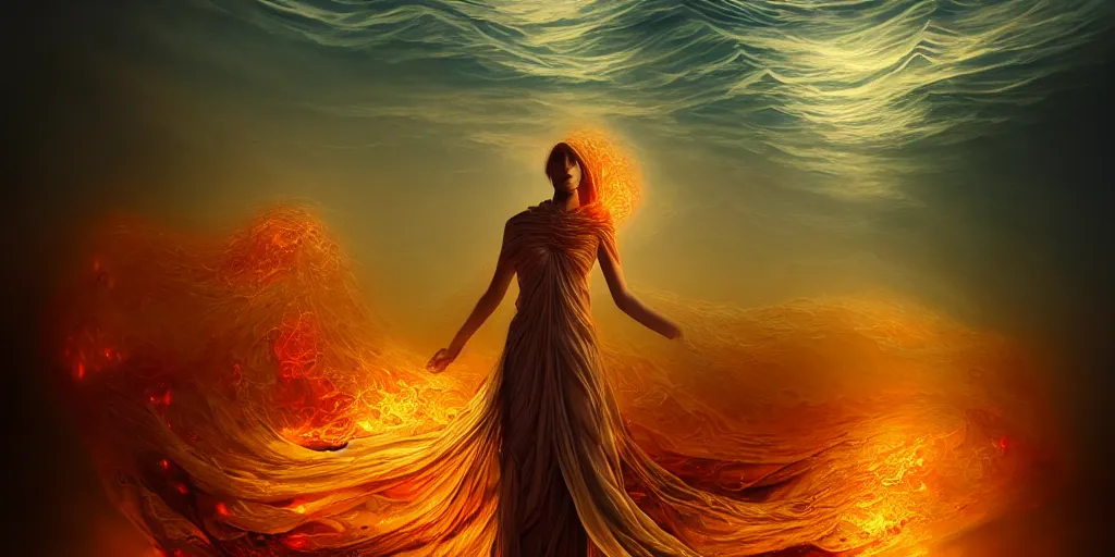 Prompt: Dressed body that turns into a turbulent ocean in a canvas catching magical fire, concept art, art nouveau, inspired by Reylia Slaby, Peter Gric, Andrew Ferez, trending on artstation, volumetric lighting, intricate, ornate, CGsociety