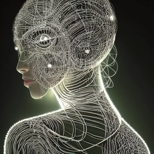 Image similar to woman integrating with technology, full face under a Full Moon, detailed intricate ornate cables connected to head, luscious thick hair, big open electric eyes, luxurious detailed abundent wiring and implants, sci-fi, neon, 8k ultra realistic night time photography of a mystical cosmic night, highly detailed, Rene Lalique and Eddie Mendoza