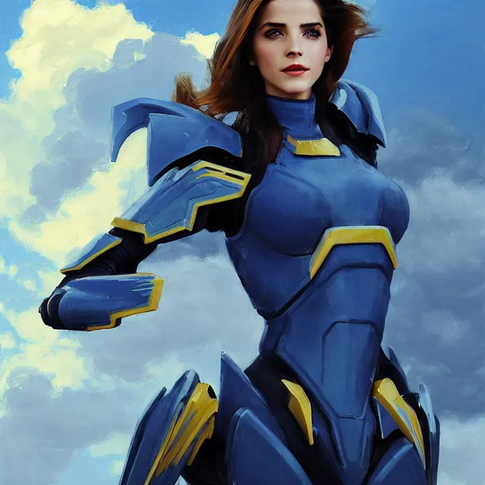 Image similar to portrait of a combination of Ashley Greene, Adriana Dxim, Grace Kelly and Emma Watson with blue hair wearing Interceptor's armor from Anthem, countryside, calm, fantasy character portrait, dynamic pose, above view, sunny day, thunder clouds in the sky, artwork by Jeremy Lipkin and Giuseppe Dangelico Pino and Michael Garmash and Rob Rey and Greg Manchess and Huang Guangjian, very coherent asymmetrical artwork, sharp edges, perfect face, simple form, 100mm