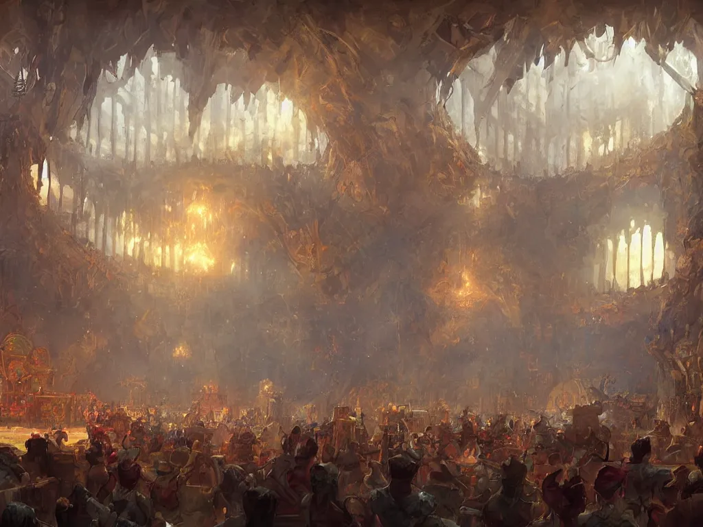 Prompt: interior of a medieval circus, hearthstone art style, epic fantasy style art by Craig Mullins, fantasy epic digital art, epic fantasy card game art by Greg Rutkowski