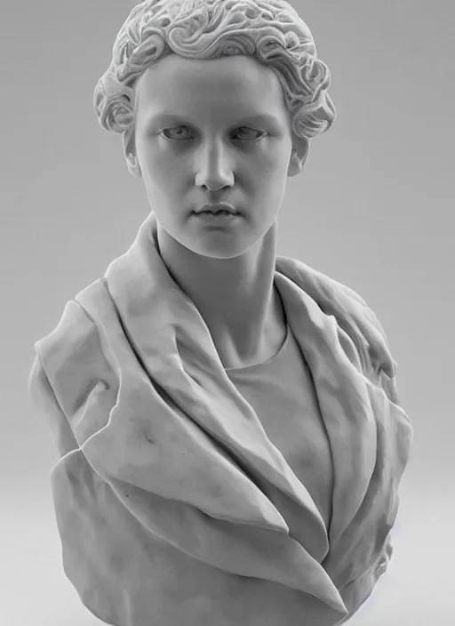 Prompt: an orthographic bust white marble sculpture of scarlet Johannsen, realistic, by Wes Anderson