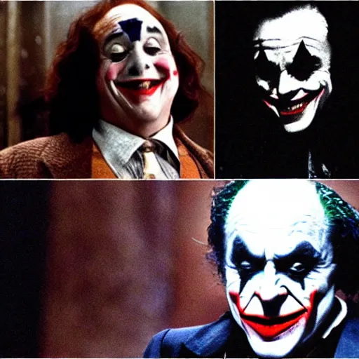 Image similar to Danny Devito as The Joker, still image from Batman movie, shot of face