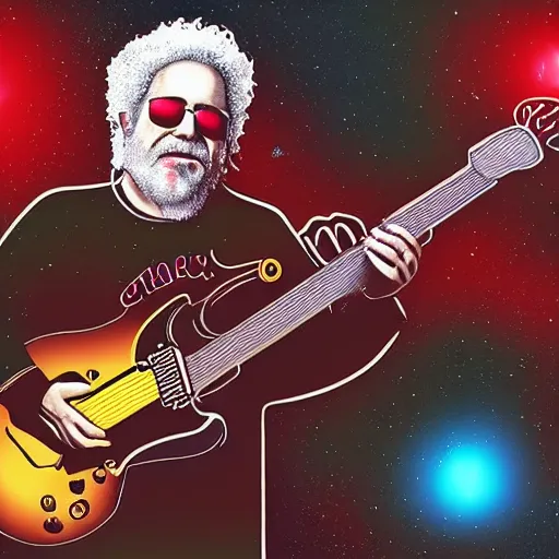 Image similar to a Jerry Garcia guitarist playing so intensely there is electricity shooting out from his guitar, energy beams under his finger tips, and magic sparkles from the freboard, amazing ditial art, trending on artstation, featured on deviantart