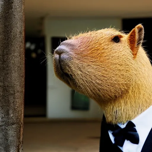 Image similar to capybara head, a man wearing a suit capybara head (smoking cigar)