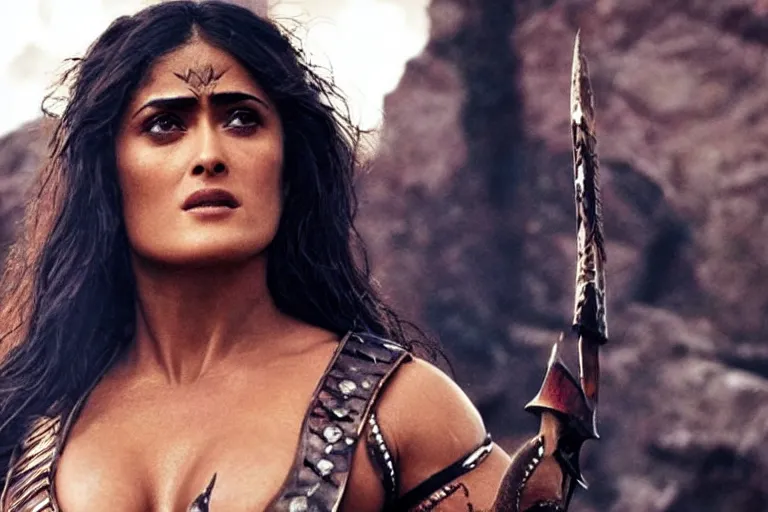 Image similar to epic photo of muscular salma hayek as beautiful barbarian warrior princess in a battle scene, detailed eyes, neutral expression, shallow depth of field, photorealistic, cinematic lighting, lovely bokeh, warm colours, dusk, movie quality