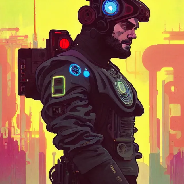 Prompt: a beautiful portrait painting of a ( cyberpunk ) henry cavill by simon stalenhag and pascal blanche! and alphonse mucha! and nekro!! and josan gonzalez!. in style of digital art. colorful comic, film noirs, symmetry, brush stroke, vibrating colors, hyper detailed. octane render. trending on artstation