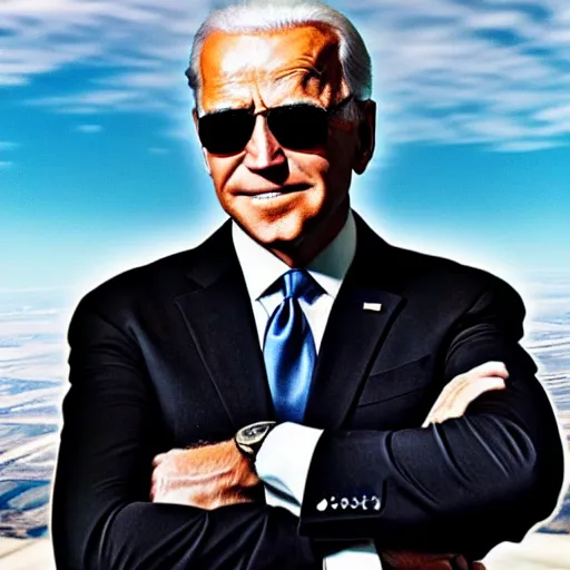 Prompt: “Joe Biden mashed up with Jason Bourne wearing a black suit, sunglasses, and parachuting from a plane”