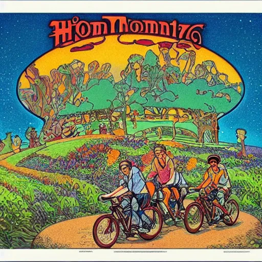 Prompt: hoffman bicycle trip, blotter art, in the style of robert crumb and lisa frank, studio ghibli, mucha, art nuevo, art deco, beautiful nature, serenity, cartoon