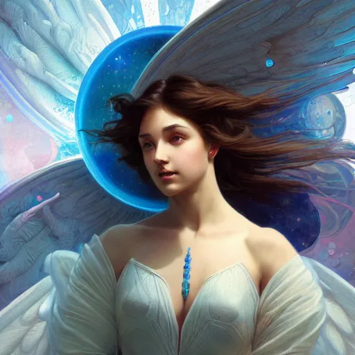 Prompt: a female angel floating in cosmos, intricate, highly detailed, digital painting, artstation, concept art, smooth, sharp focus, illustration, unreal engine 5, 8 k, art by artgerm and greg rutkowski and alphonse mucha