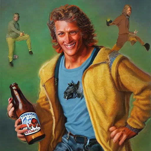 Prompt: Wolf as a human, wearing sweatshirt, holding beer, artwork by Earl Norem,