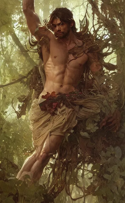 Image similar to god of the forest, 3 0 years old, rugged handsome, male, gorgeous, detailed face, clean lines, cinematic light, amazing, full body, flowers, muscular, intricate, highly detailed, digital painting, artstation, concept art, sharp focus, illustration, art by greg rutkowski and alphonse mucha