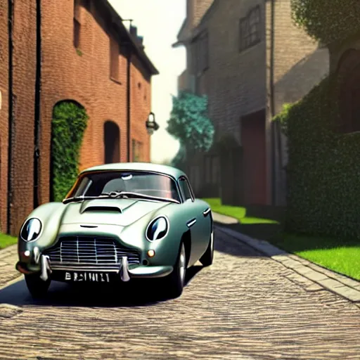 Image similar to a wholesome animation key shot of a toy aston martin db 5, in a rich london mews residential street, medium range, studio ghibli, ( pixar ) and disney animation, sharp, very detailed, unreal engine 5 render, bloom, high resolution, anime key art by greg rutkowski