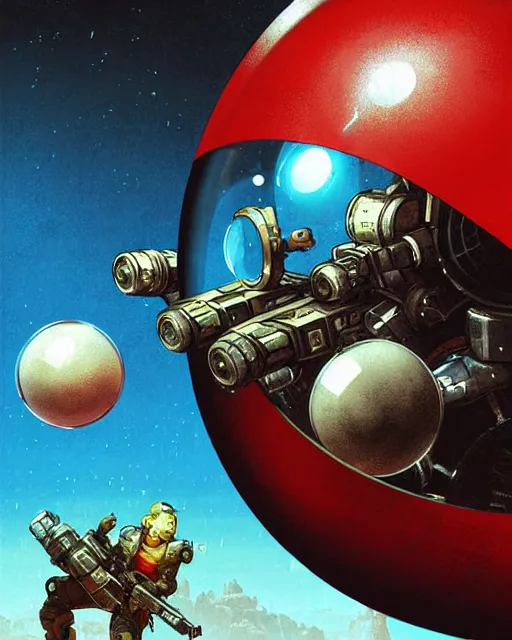 Prompt: wrecking ball the hamster from overwatch, inside a metal and glass ball with machine gun arms, character portrait, portrait, close up, concept art, intricate details, highly detailed, vintage sci - fi poster, retro future, in the style of chris foss, rodger dean, moebius, michael whelan, and gustave dore