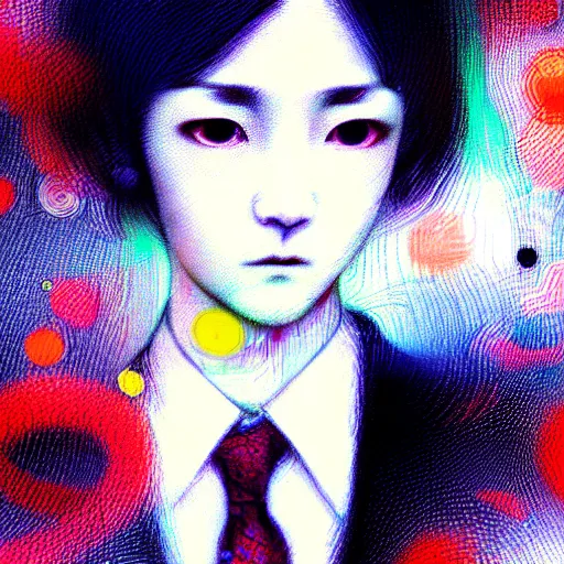 Image similar to yoshitaka amano blurred and dreamy realistic three quarter angle portrait of a young woman with short hair and black eyes wearing office suit with tie, junji ito abstract patterns in the background, satoshi kon anime, noisy film grain effect, highly detailed, renaissance oil painting, weird portrait angle, blurred lost edges