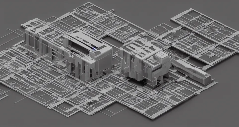 Image similar to isometric octane render of a deconstructed thinking machine