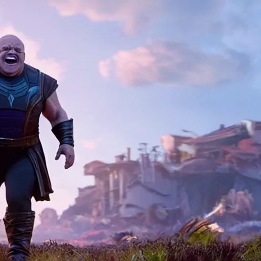 Image similar to a screenshot of Danny Devito playing Thanos in Avengers Endgame