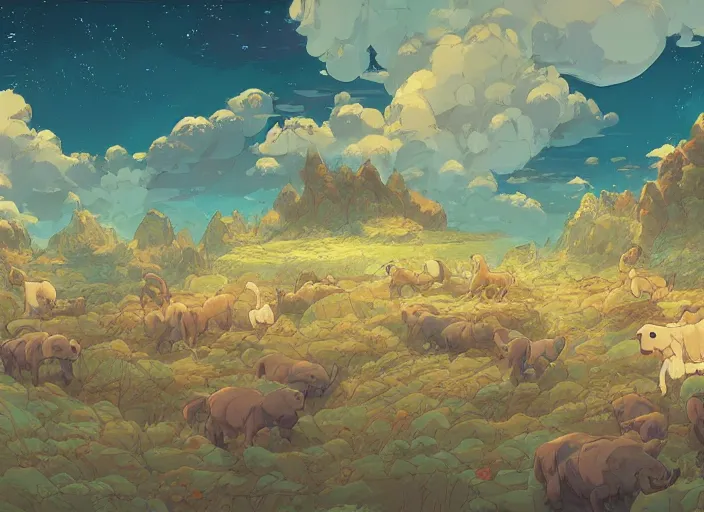 Image similar to concept art of a puppy landscape made of puppies, cel shaded, in the style of makoto shinkai and moebius and peter mohrbacher and anton fadeev