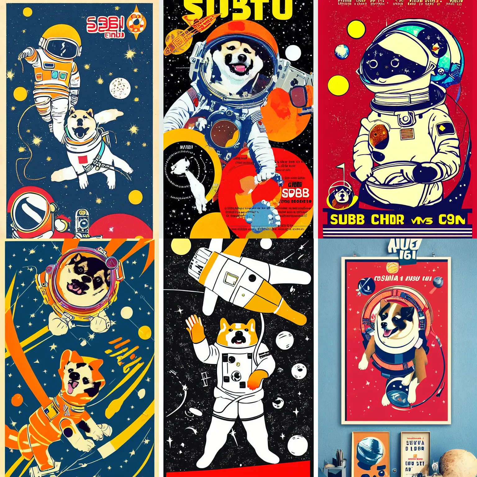 Prompt: cosmonaut Shiba Inu dog in space , 60s poster, in the style of a music poster 1969