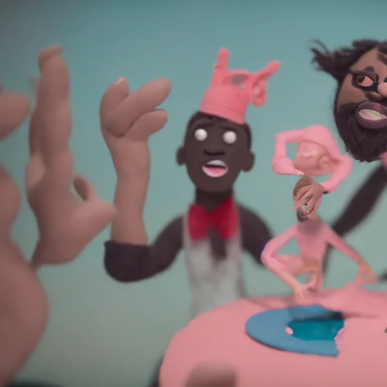 Image similar to a cinematic film still of a claymation stop motion film hey ya! music video outkast, shallow depth of field, 8 0 mm, f 1. 8