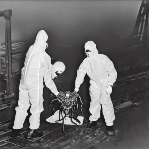 Image similar to old black and white photo, 1 9 1 3, depicting scientists in hazmat suits removing an alien biomechanical insect corpse on a bridge, historical record, volumetric fog