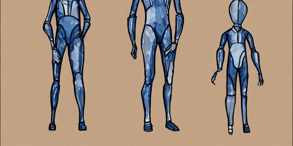Image similar to male, elongated figure, space suit, sketch, large shoulders, short torso, long thin legs, tiny feet, character sheet, very stylized, illustration, watercolor shading,