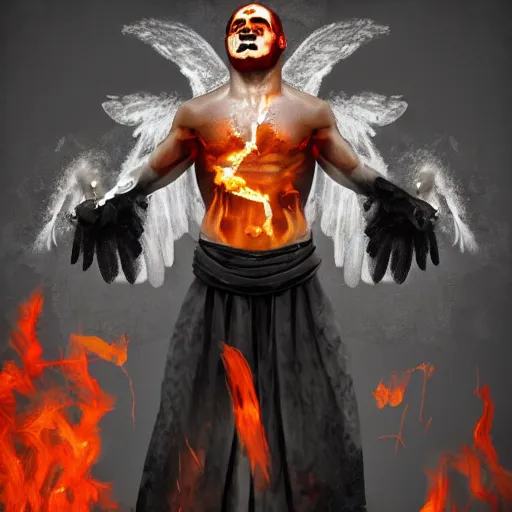 Image similar to fire-eating angel at top of the Mountain. Muscular covered with black toga. High resolution. Digital art. Einar Jonsson. Artstation.