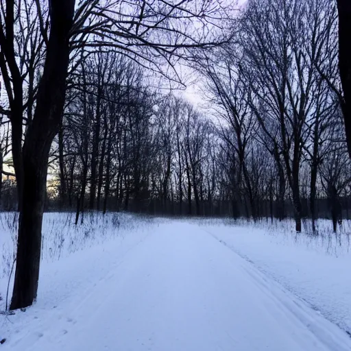 Prompt: A dark path through the field, winter, nighttime. A forest is visible in the distance. Amateur photograph