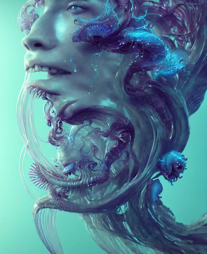 Image similar to goddess close-up portrait. chimera orchid jellyfish phoenix head, nautilus, skull, betta fish, bioluminiscent creatures, intricate artwork by Tooth Wu and wlop and beeple. octane render, trending on artstation, greg rutkowski very coherent symmetrical artwork. cinematic, hyper realism, high detail, octane render, 8k