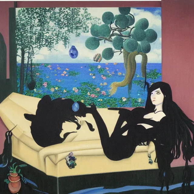 Image similar to emo catgirl art student in her lounge room, painting of flood waters inside an artist's loungeroom, a river flooding indoors, pomegranates, pigs, ikebana, water, octopus, river, rapids, waterfall, black swans, canoe, berries, acrylic on canvas, surrealist, by magritte and monet