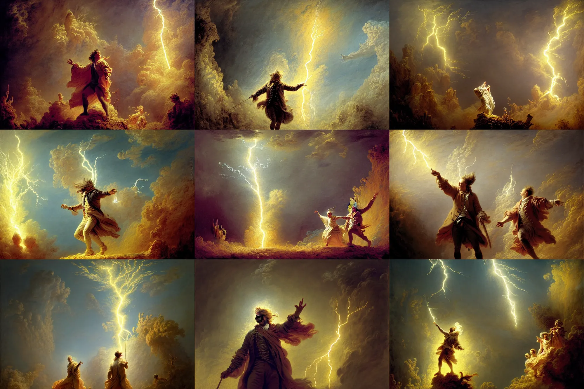 Prompt: wizard with lightning bolt from hand, windy, stoic, is ( ( with arms half lifted toward us ) ). light dust, magnificent, hyperdetailed, theatrical, masterpiece, painted by jean honore fragonard and greg rutkowski