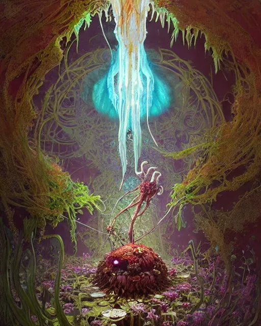 Image similar to the platonic ideal of flowers, rotting, insects and praying of cletus kasady carnage davinci dementor chtulu mandelbulb mandala ponyo botw dinotopia the witcher, fantasy, ego death, decay, dmt, psilocybin, concept art by greg rutkowski and simon stalenhag and alphonse mucha