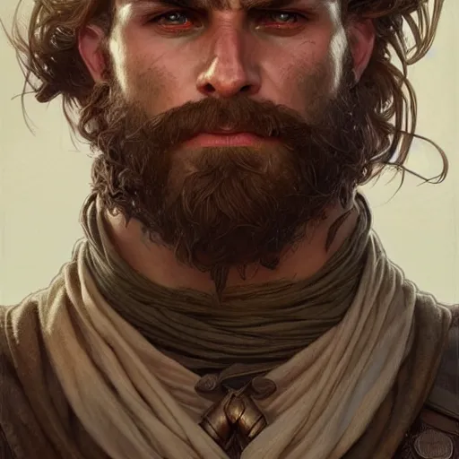 Image similar to Portrait of rugged male ranger, D&D, muscular, fantasy, intricate, elegant, highly detailed, digital painting, artstation, concept art, smooth, sharp focus, illustration, art by artgerm and greg rutkowski and alphonse mucha