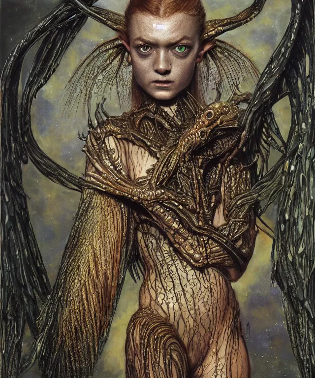 Prompt: a portrait photograph of a fierce sadie sink as a strong alien harpy queen with amphibian skin. she trying on a glowing and black lace shiny metal slimy organic membrane collar and transforming into an evil insectoid snake bird. by donato giancola, walton ford, ernst haeckel, peter mohrbacher, hr giger. 8 k, cgsociety