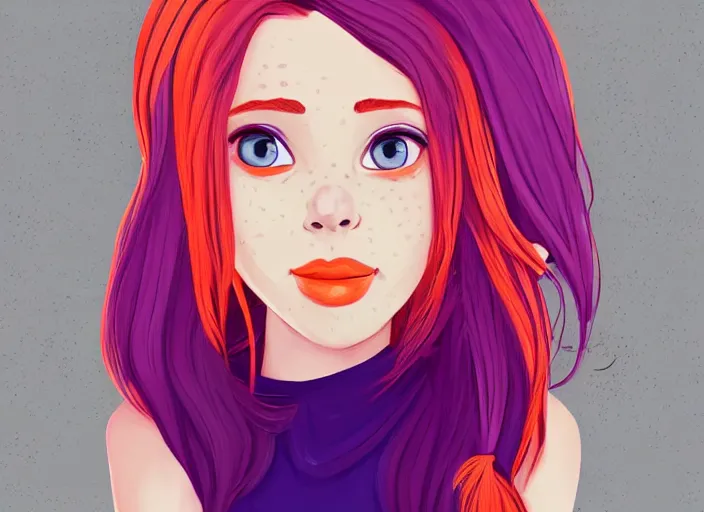 Prompt: portrait Girl with orange hair and freckles, purple background, cute-fine-face, pretty face, realistic shaded lighting by disney character style,