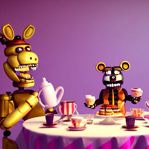 Image similar to a five nights at freddy's animatronic having an intense tea party with the queen of england, octane render / source, oil painting, trending on artstation, rossdraws