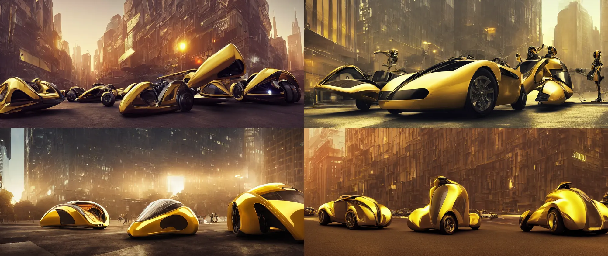 Prompt: Personal pod vehicles designed by Syd Mead, hypermaximalistic, smooth clean surfaces, high details, cinematic, 8k resolution, beautifully detailed, insanely intricate details, artstation trending, octane render, hard surface model, warm yellow lights, golden hour, city background in silhouette,