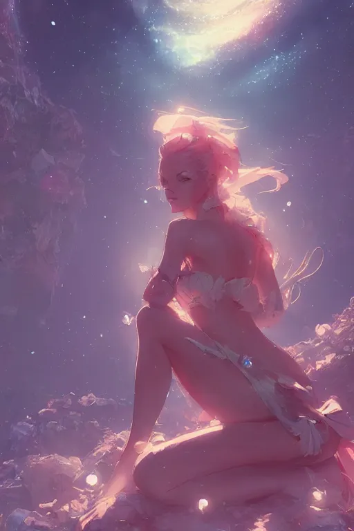 Image similar to A beautiful whimsical woman sitting on a bed of crystals below planets, cinematic lighting, dramatic atmosphere, by Dustin Nguyen, Akihiko Yoshida, Greg Tocchini, Greg Rutkowski, Cliff Chiang, 4k resolution, trending on artstation