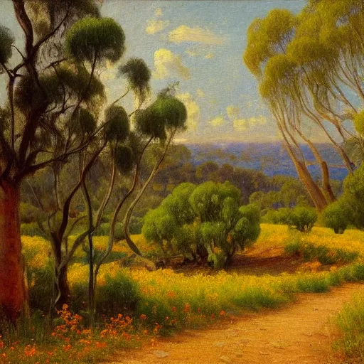 Image similar to a painting of a dirt road surrounded by eucalyptus trees and california golden poppies, woodland hill in the distance. an oil painting by Julian Onderdonk, featured on deviantart, australian tonalism, pre-raphaelite, impressionism, detailed painting