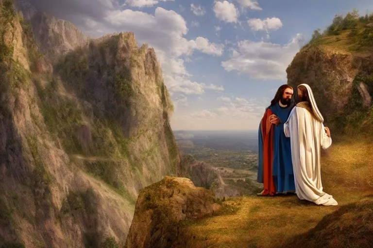 Image similar to a unique digital photo of jesus and mary magdalene standing on a cliff looking over a beautiful landscape in france, rennes - le - chateau, award winning photo, very detailed, very realistic cinematic