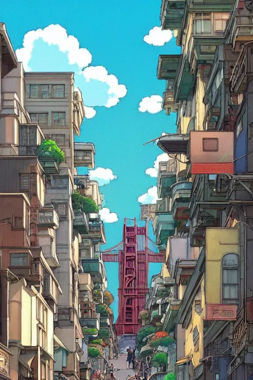 Prompt: still from studio ghibli movie'alone in san francisco'; very detailed, focused, colorful, antoine pierre mongin, trending on artstation ; 8 k ;