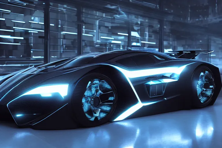 Image similar to cyberpunk batmobile concept inspired sports car, futuristic look, highly detailed body, very expensive, photorealistic camera shot, bright studio setting, studio lighting, crisp quality and light reflections, unreal engine 5 quality render