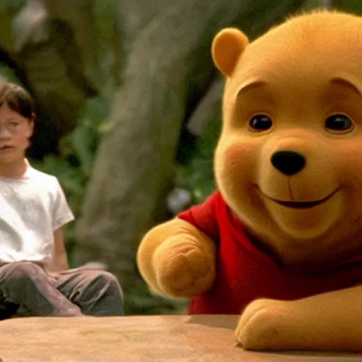 Prompt: A still of Keanu Reeves as Winnie the Pooh