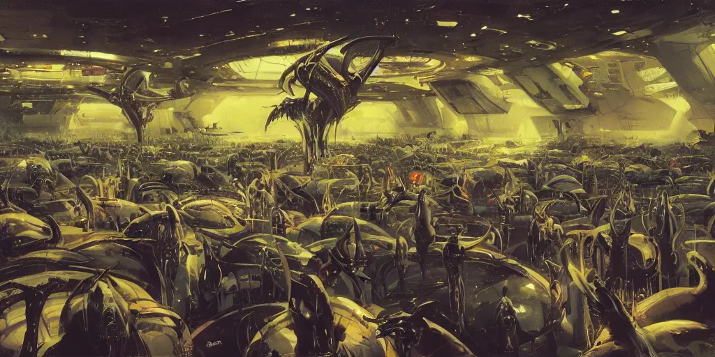 Image similar to aliens praying in a futuristic church surrounded by cows, concept art by Ralph McQuarrie, by John Berkey, oil on canvas, highly detailed, science fiction