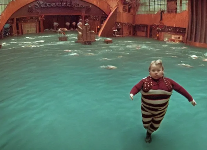 Image similar to grainy security cam footage still of Augustus Gloop in the chocolate river at Willy Wonka's Chocolate Factory, extreme wide angle