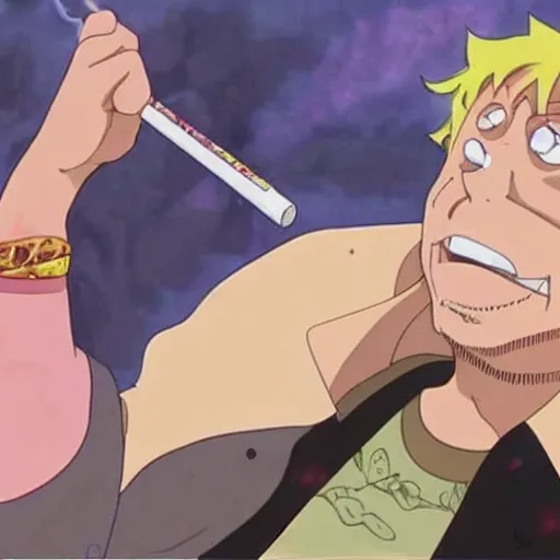 Prompt: A still of Jonah Hill with blonde hair wearing a tie dye t-shirt and a hat, smoking in One Piece Anime Series